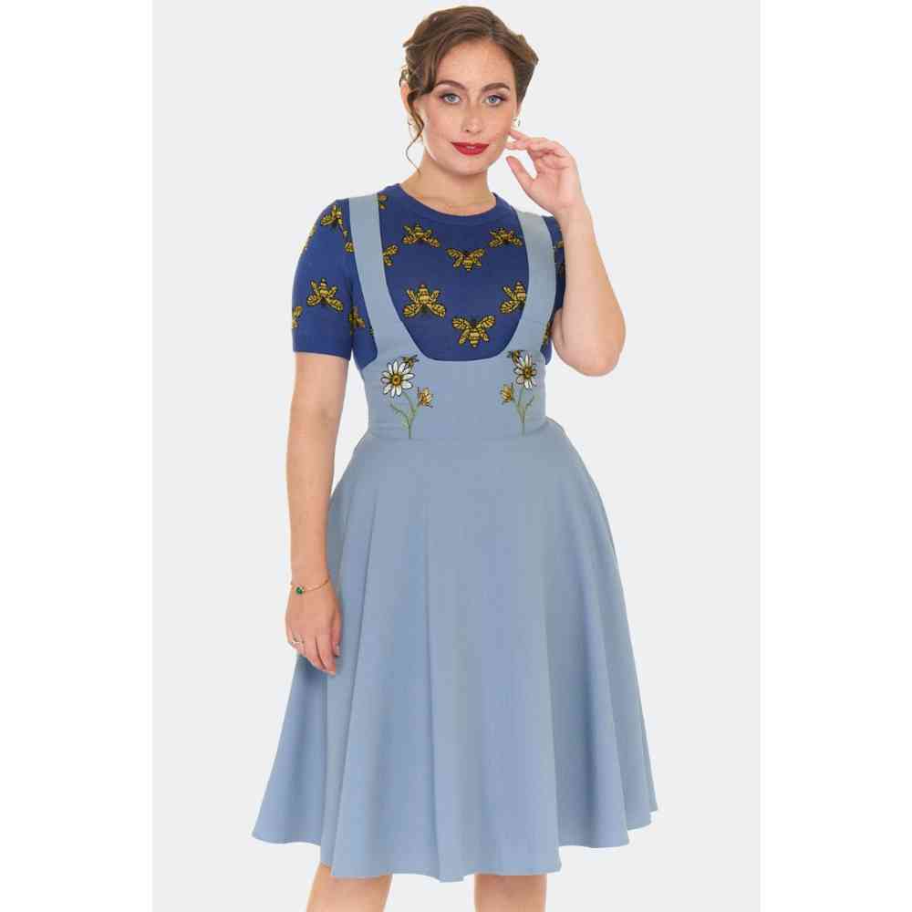 Voodoo Vixen - Floral Bee Embroidery Overall Rock - Blau